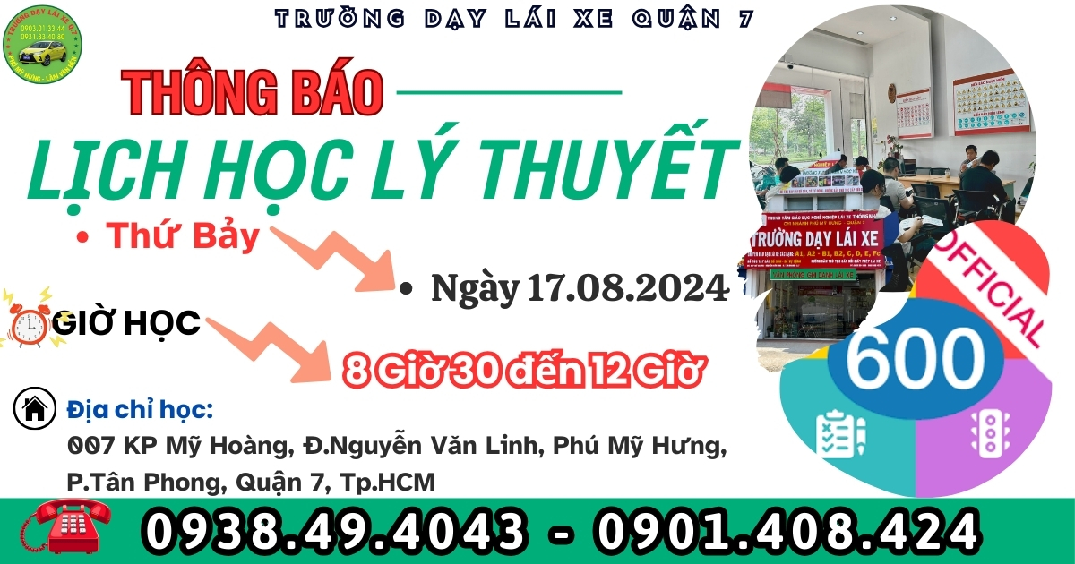 LỊCH HỌC LÝ THUYẾT Ô TÔ THÁNG 08/2024